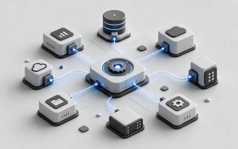 Módulos conectados representando integrações entre sistemas